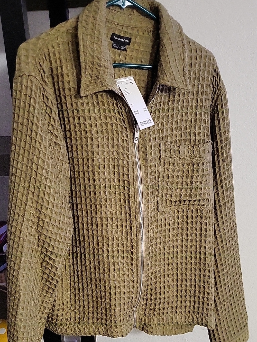 Men's Olive Green Waffle Zip-Up Sweater Jacket Bohemian Retro